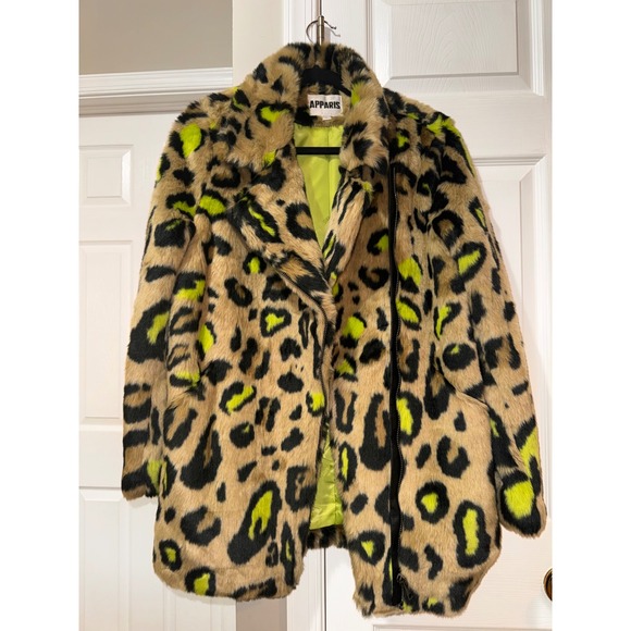 APPARIS Leopard Print Faux Fur Jacket Neon Lime Green Accent Women's Size M - Picture 7 of 8